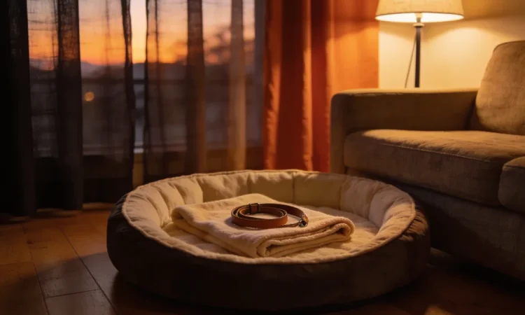 An empty round dog bed with a folded blanket and a coiled leather lead, beside a couch in a lounge room lit by a floor lamp at dusk