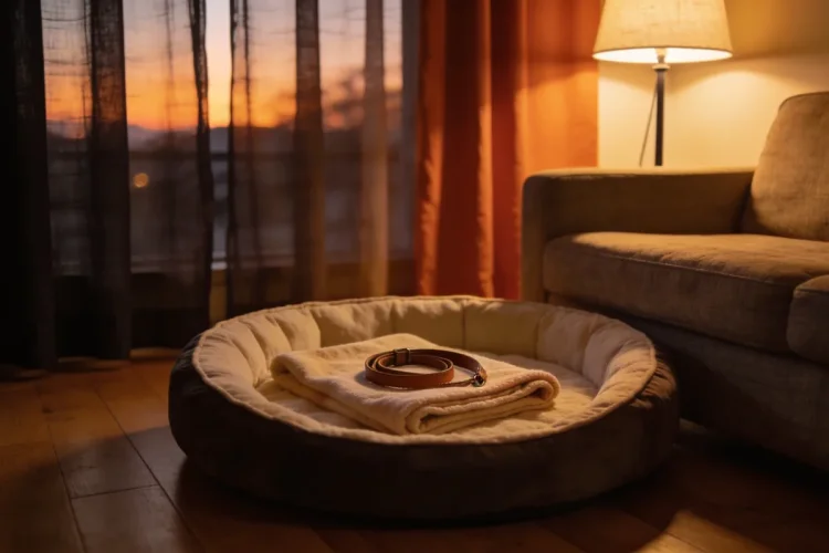 An empty round dog bed with a folded blanket and a coiled leather lead, beside a couch in a lounge room lit by a floor lamp at dusk