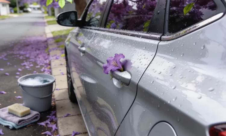Water beading on the freshly washed side of a silver hatchback, a jacaranda flower caught on the door handle, with a bucket of soapy water, a sponge and cloths by the kerb