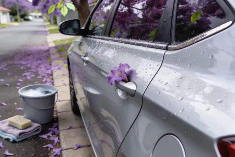 Water beading on the freshly washed side of a silver hatchback, a jacaranda flower caught on the door handle, with a bucket of soapy water, a sponge and cloths by the kerb