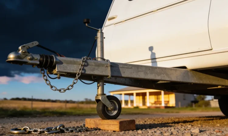The A-frame drawbar of a white caravan resting unhitched on a gravel driveway, its jockey wheel on a timber block and a safety chain on the ground, with a farmhouse verandah behind