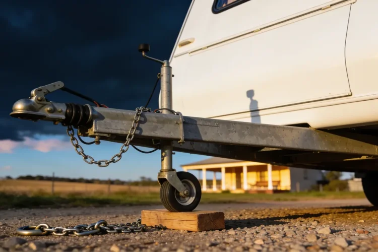 The A-frame drawbar of a white caravan resting unhitched on a gravel driveway, its jockey wheel on a timber block and a safety chain on the ground, with a farmhouse verandah behind