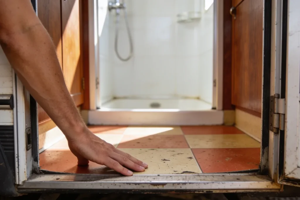 A hand pressing on the floor just inside a used caravan's entry door, checking for soft spots from water damage, with the shower cubicle behind